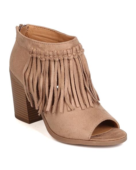 Soda Fi54 Women Faux Suede Peep Toe Cut Out Fringe Chunky Heel Bootie