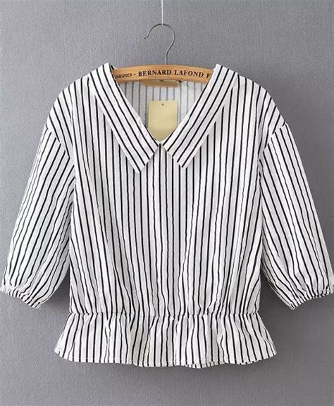 Black White Lapel Vertical Stripe Crop Blouse White Short Sleeve Tops