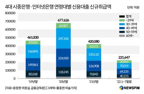 그래픽 4대 시중은행·인터넷은행 연령대별 신용대출 신규취급액