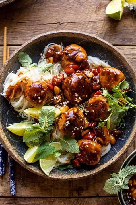 30 Minute Sticky Thai Meatballs With Sesame Noodles Half Baked Harvest