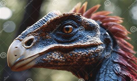 A Close Up Of A Blue And Brown Dinosaur With A Red Crest Looking To