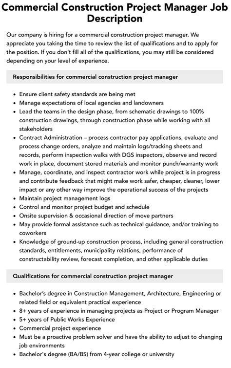 Commercial Construction Project Manager Job Description Velvet Jobs