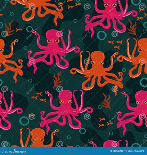 Seamless Pattern With Pink And Red Octopuses Stock Illustration