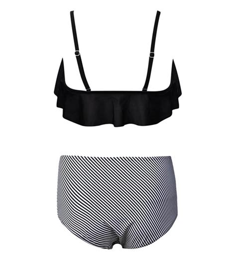 Women S Swimsuit Piece Bikini Set Flounce Falbala Padded Black And White Stripe High Waisted