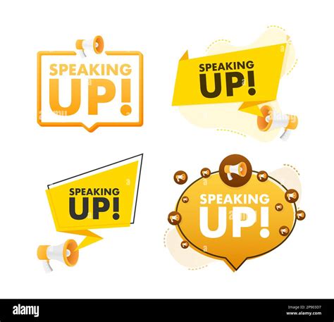 Megaphone Label Set With Text Speaking Up Megaphone In Hand Promotion Banner Marketing And