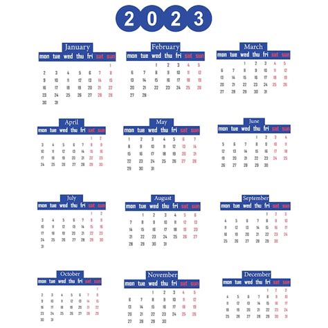 Plantilla de calendario mensual para el año 2023 Vector Premium