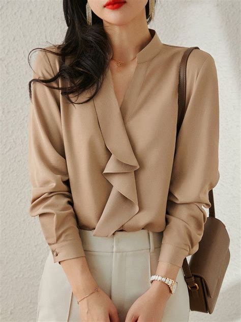 Elegant Plain V Neck Flouncing Blouse Stylewe Formal Tops For Women