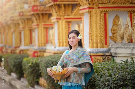 Woman Wearing Laos Traditional Dress Costumevintage Stylelaos Girl