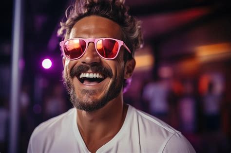 Premium Ai Image Neon Portrait Of Smiling Man Model With Mustaches