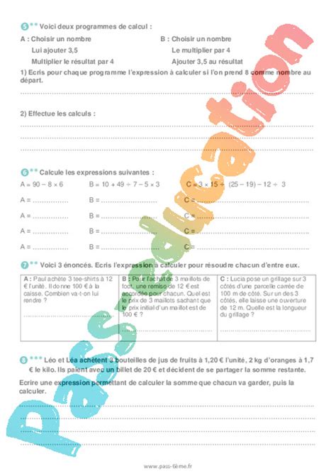 Priorit S Des Op Rations Exercices De Nombres Et Calculs Pour La Me