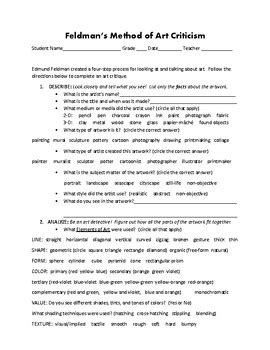 Feldman S Method Of Art Criticism Worksheet By Michael Gromley Tpt