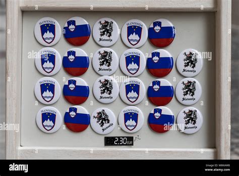 Display Of Fridge Magnets With Slovenian National Symbols Stock Photo