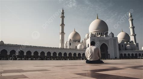 Man Sitting Down In Front Of A White Mosque Background Middle East