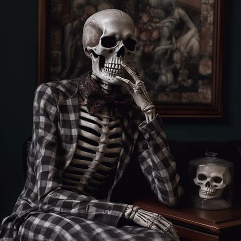 Premium Photo Skeleton Sitting On A Chair In Front Of A Painting Of A