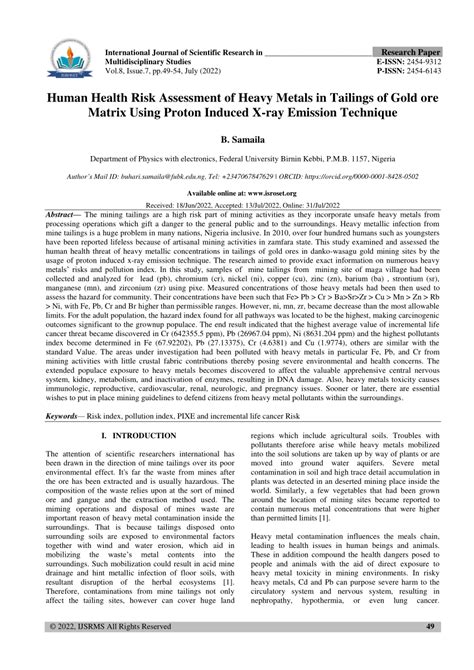 Pdf Human Health Risk Assessment Of Heavy Metals In Tailings Of Gold