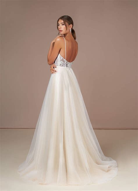 Azazie Tatiana Diamond White Nude A Line V Neck Sequins Tulle Dress Azazie