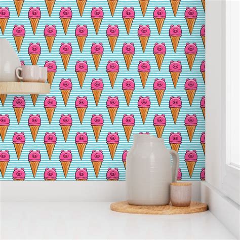 pig icecream cones - med blue Wallpaper | Spoonflower