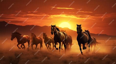 Premium AI Image | Horses running in the sunset with the sun setting ...