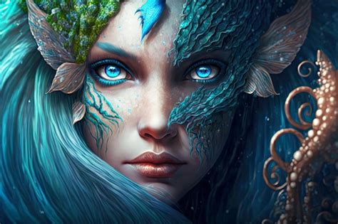 Sirena de fantasía con grandes ojos azules hermosos Foto Premium