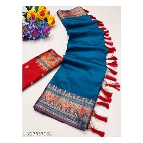 Blue Pure Lichi Silk Saree Women Saree M Separate Blouse Piece