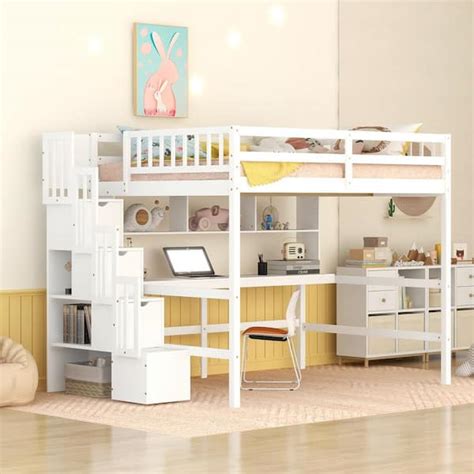 Harper And Bright Designs White Full Size Wood Loft Bed With Built In