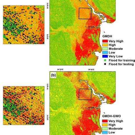 The Generated Flood Susceptibility Maps By The A Gmdh And B Download Scientific Diagram