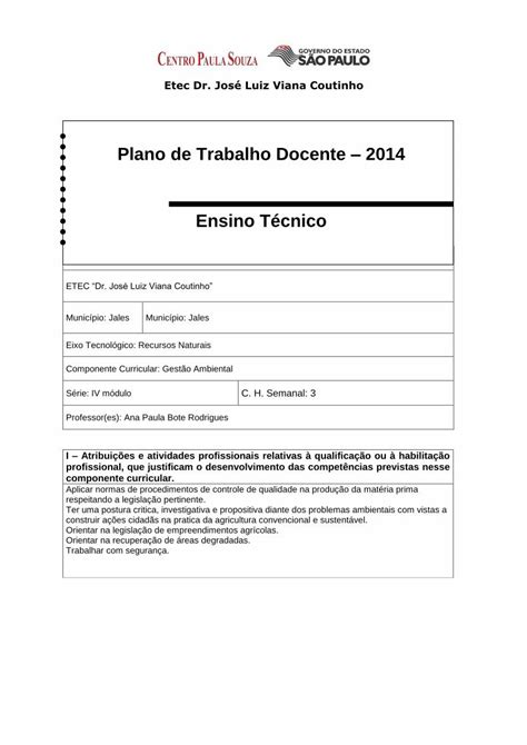 PDF Plano de Trabalho Docente 2014 Ensino Técnico Etec Dr José