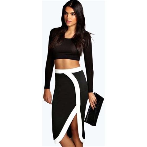 Boohoo Mia Asymmetric Block Edge Scuba Midi Pencil Skirt Midi Skirt