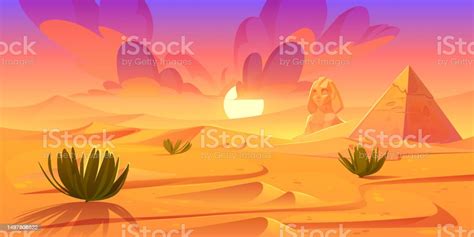 Sunset In Egypt Desert With Ancient Giza Pyramid Stock Illustration