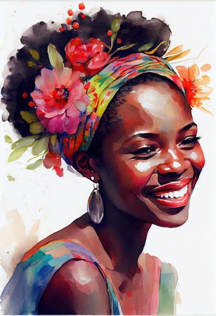 Retrato Em Aquarela Da Linda Mulher Negra Sonhadora Sorridente Com