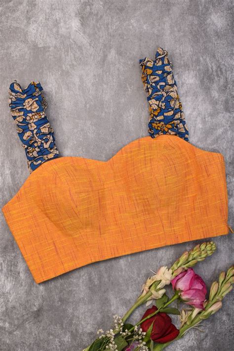 Yellow Handloom Swt Heart Neck Blouse With Blue Kalamkari Strap In 2024