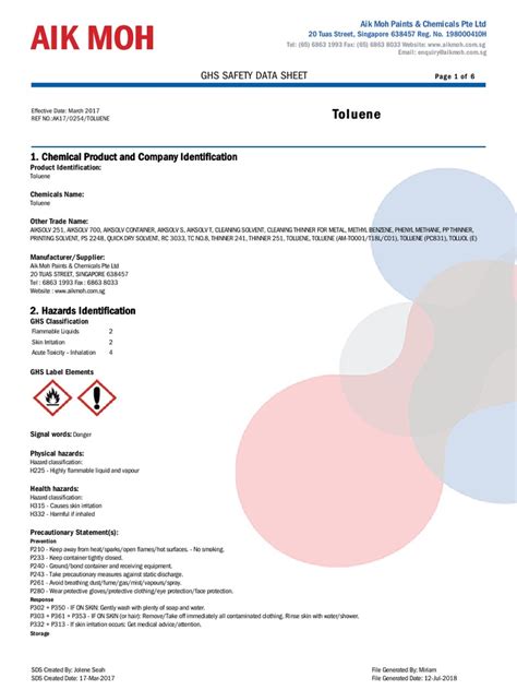 Analisa Sds Of Toluene Pdf Personal Protective Equipment Toxicity