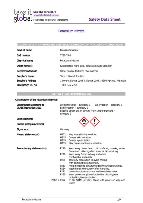 Potassium Nitrate Msds Sdn Bhd 873326p Fragrances Flavours Ingredients