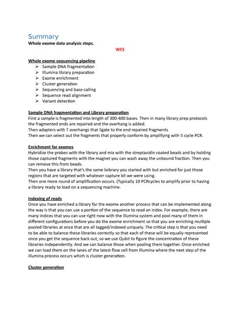 WES Analysis Notes Whole Exome Sequencing Related Concepts Summary