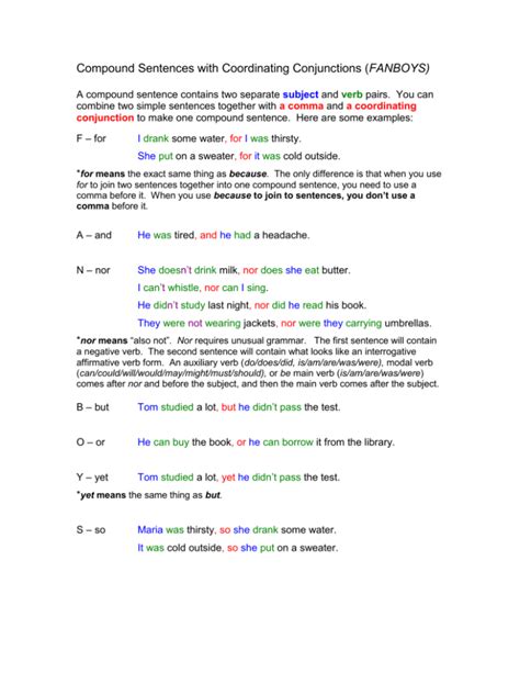 Compound Sentences With Coordinating Conjunctions Fanboys