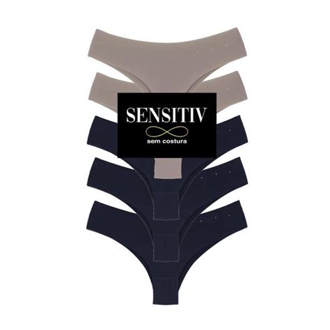 Kit Calcinhas Tanga Sensitiv Sem Costura Corte Laser Original PRETO NUDE Calcinha