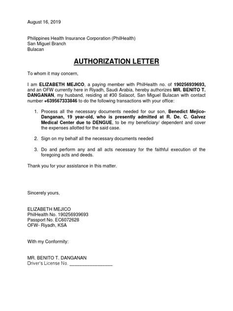 Sample Authorization Letter Philhealth