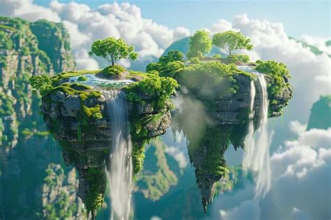 Premium AI Image Mystical Floating Islands With Cascading Waterfall