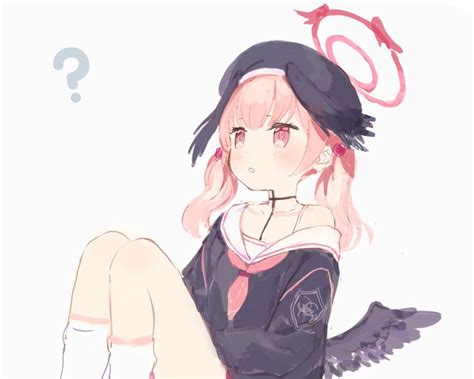 Safebooru 1girl Bare Shoulders Black Headwear Black Wings Blue Archive Blush Collarbone Grey