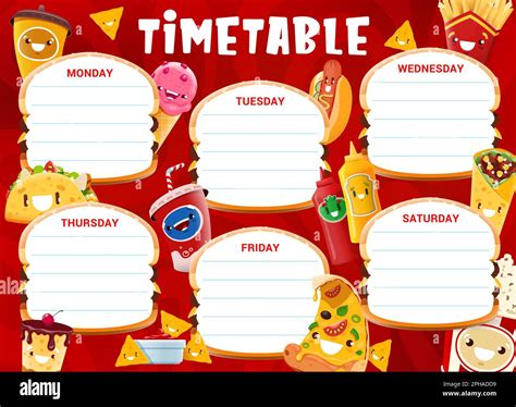 School Timetable Schedule Funny Cartoon Takeaway Fast Food Characters