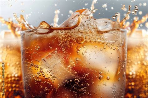 Pouring Cola Soda With Ice And Bubble On Front View White Background