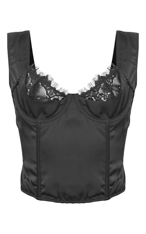 Black Satin Lace Bust Boned Corset Tops Prettylittlething Usa