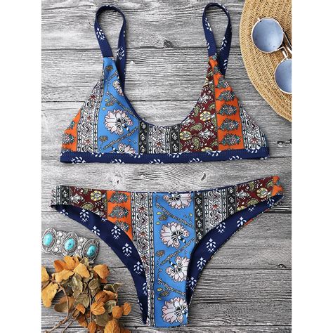 Zaful Patchwork Print Scoop Neck Bikini Set Swimsuit Women S Swimming