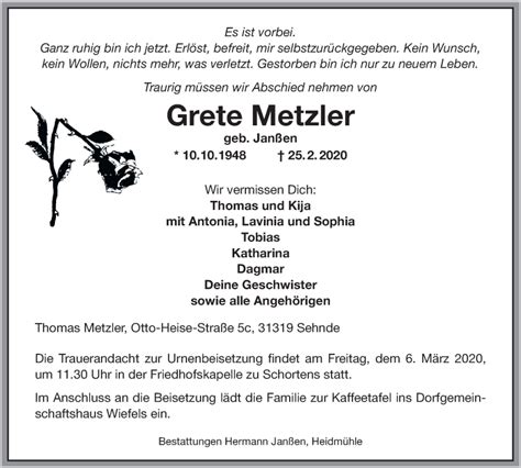 Traueranzeigen Von Grete Metzler Nordwest Trauer De