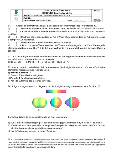 Distribuição Eletronica Atividades - Distribuição eletrônica | Exercícios Química para Ensino Médio | Docsity