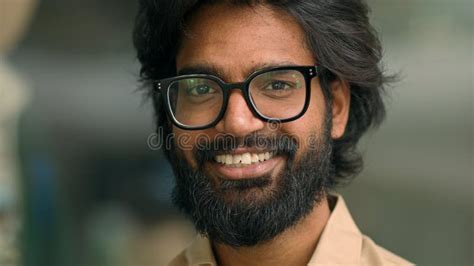 Close Up Portrait Happy Indian Bearded 30s Businessman In Eyeglasses