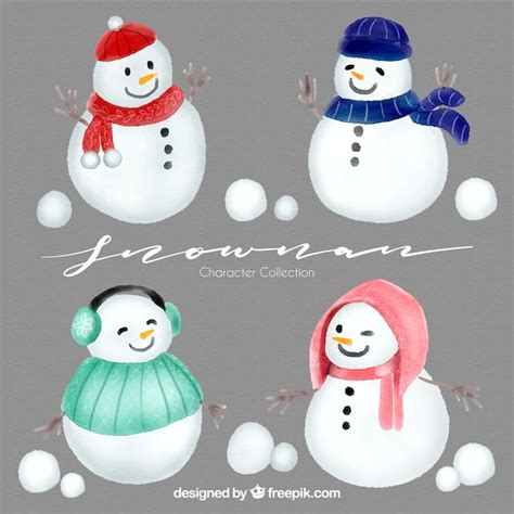 Free Vector | Set of watercolor snowmen