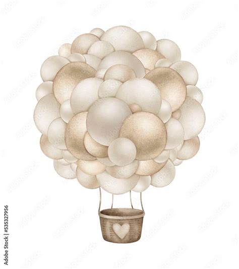 Brown Hot Air Balloon With Balloons Watercolor Illustration Isolated On White Background Stock