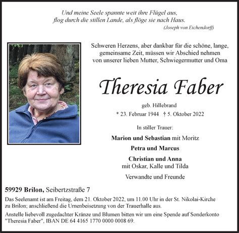 Traueranzeigen Von Theresia Faber Trauer In Nrw De