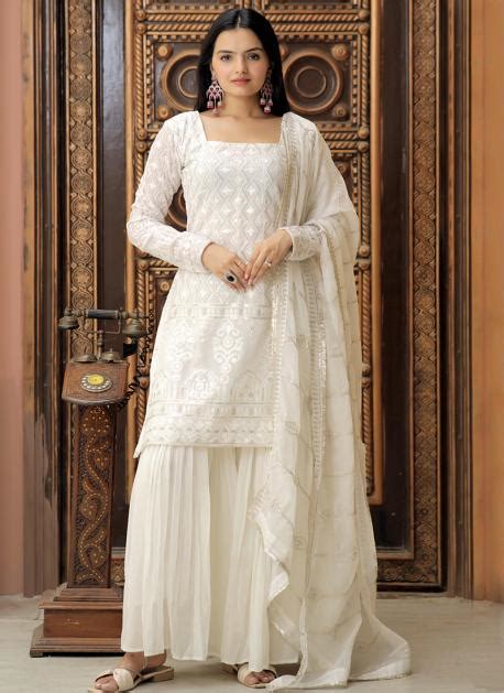 Buy White Georgette Party Wear Sequins Work Readymade Salwar Suit